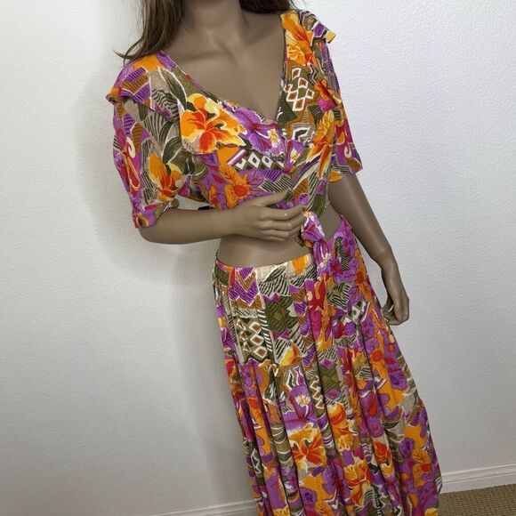 Vintage 2 Piece Skirt / Top Set Medium Large Tropical Floral Pink Resort Vibrant - Picture 2 of 13